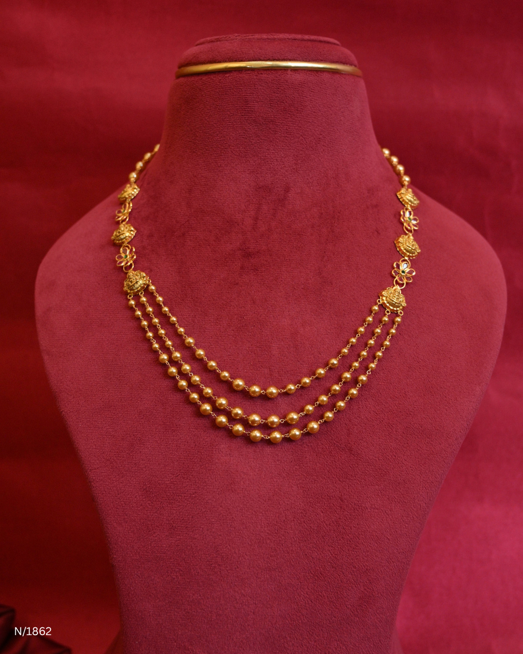 Three-Strand Temple Bead Necklace with Lakshmi & Floral Side Stations | SKU: N/1862
