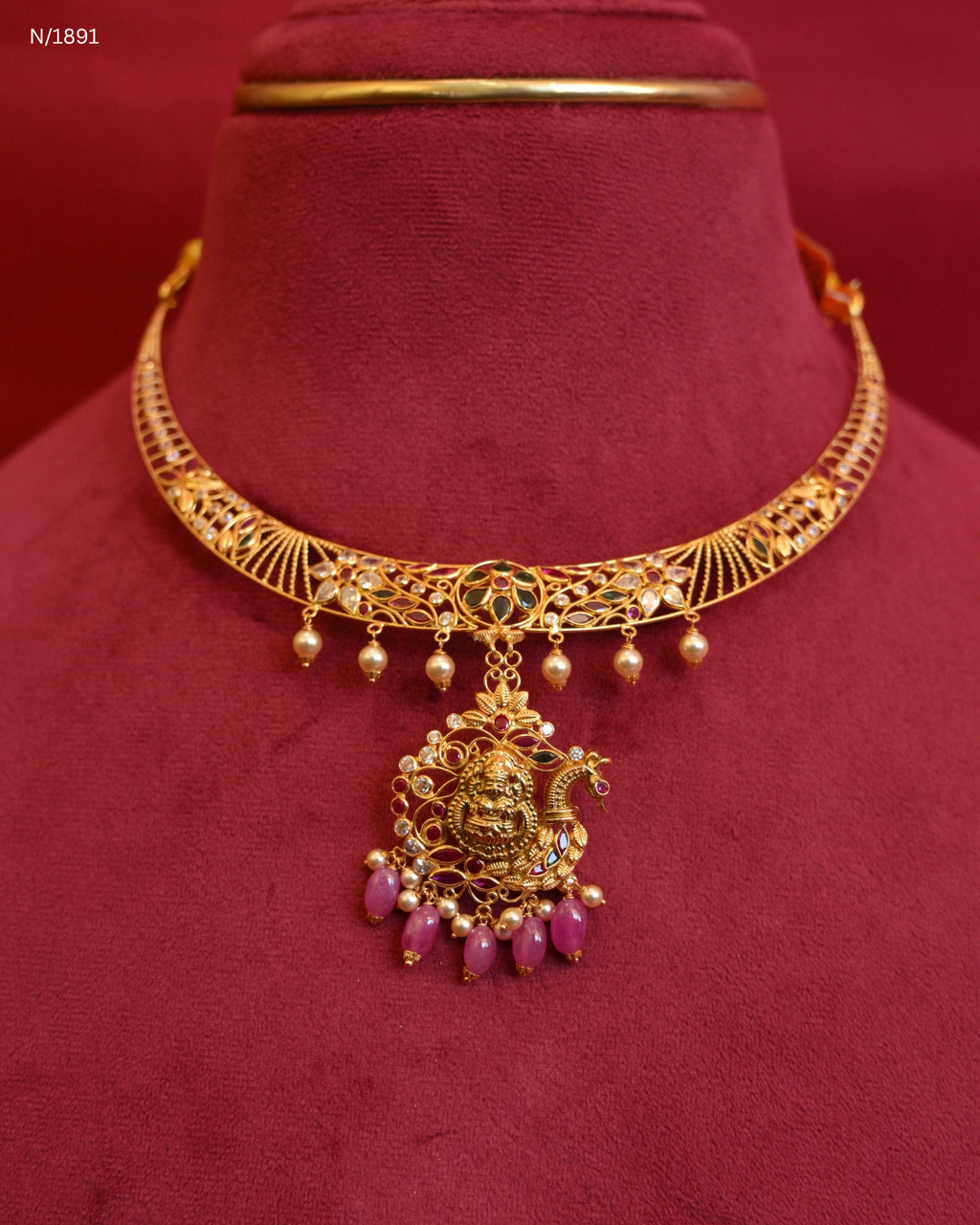 Goddess Lakshmi & Peacock Openwork Temple Choker Necklace with Pink Bead Drops | SKU: N/1891