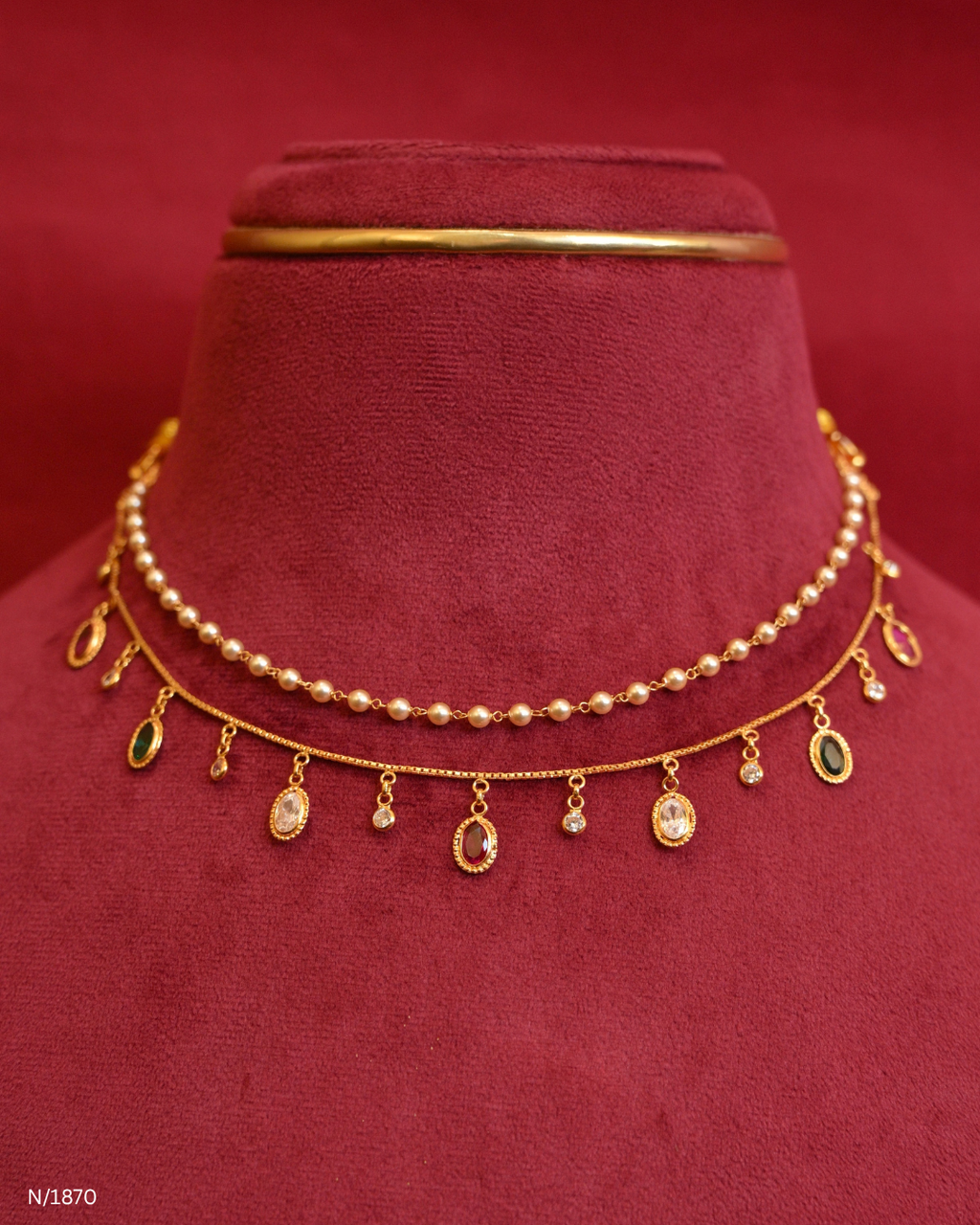 Double-Strand Pearl & Gemstone Drop Dangle Choker Necklace | SKU: N/1870