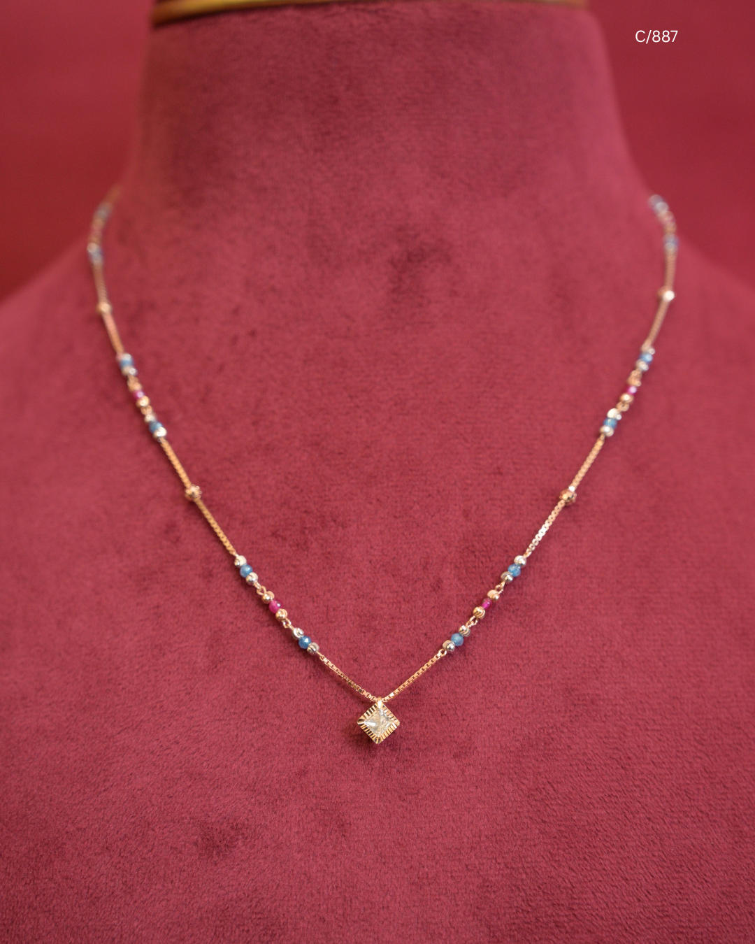 Multi-Color Beaded Station Necklace with Cushion Pave CZ Halo Pendant | SKU: C/887