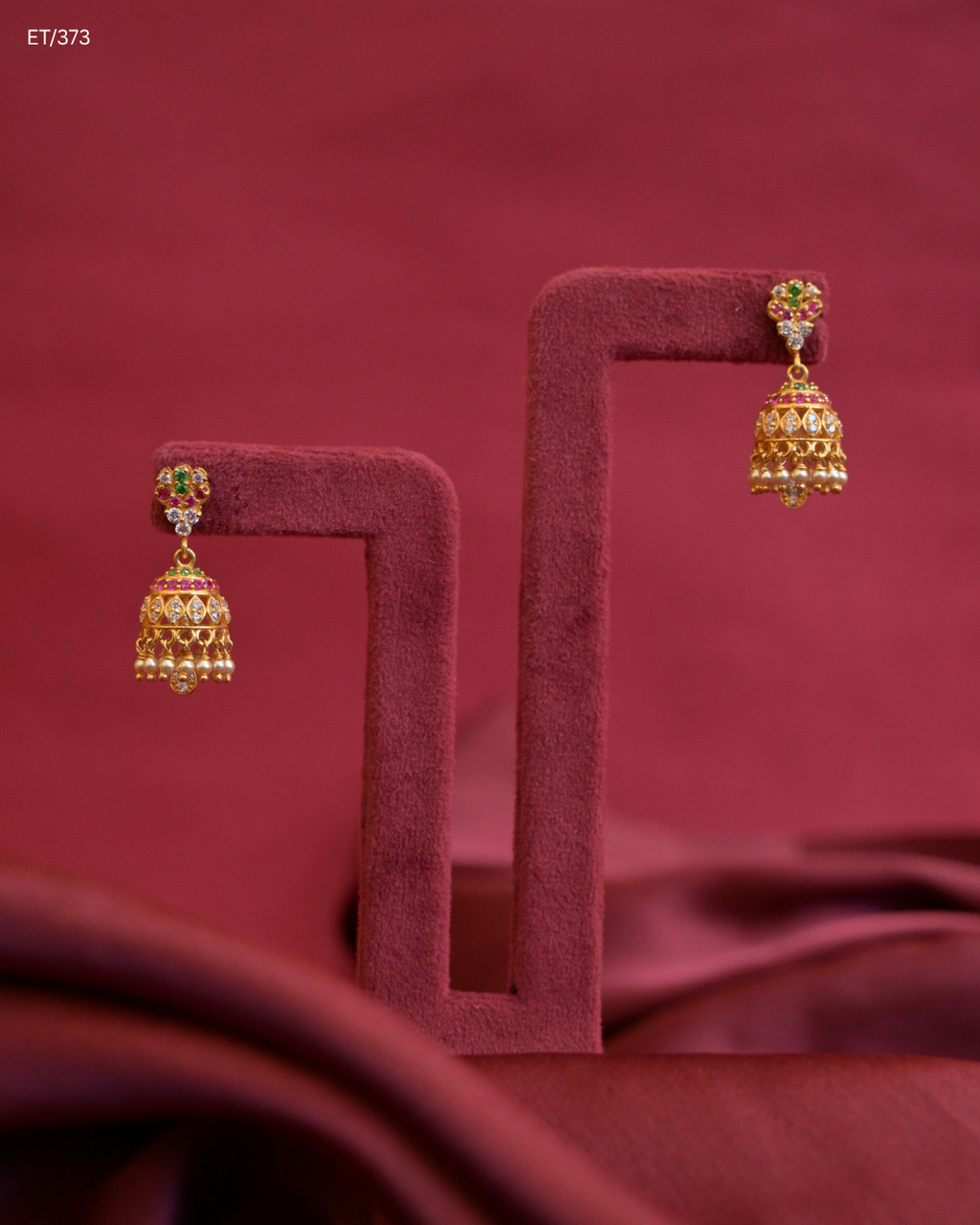 Jhumka Earrings with Rubies, Emeralds, CZ Polkis & Pearl Fringes | SKU: ET/373