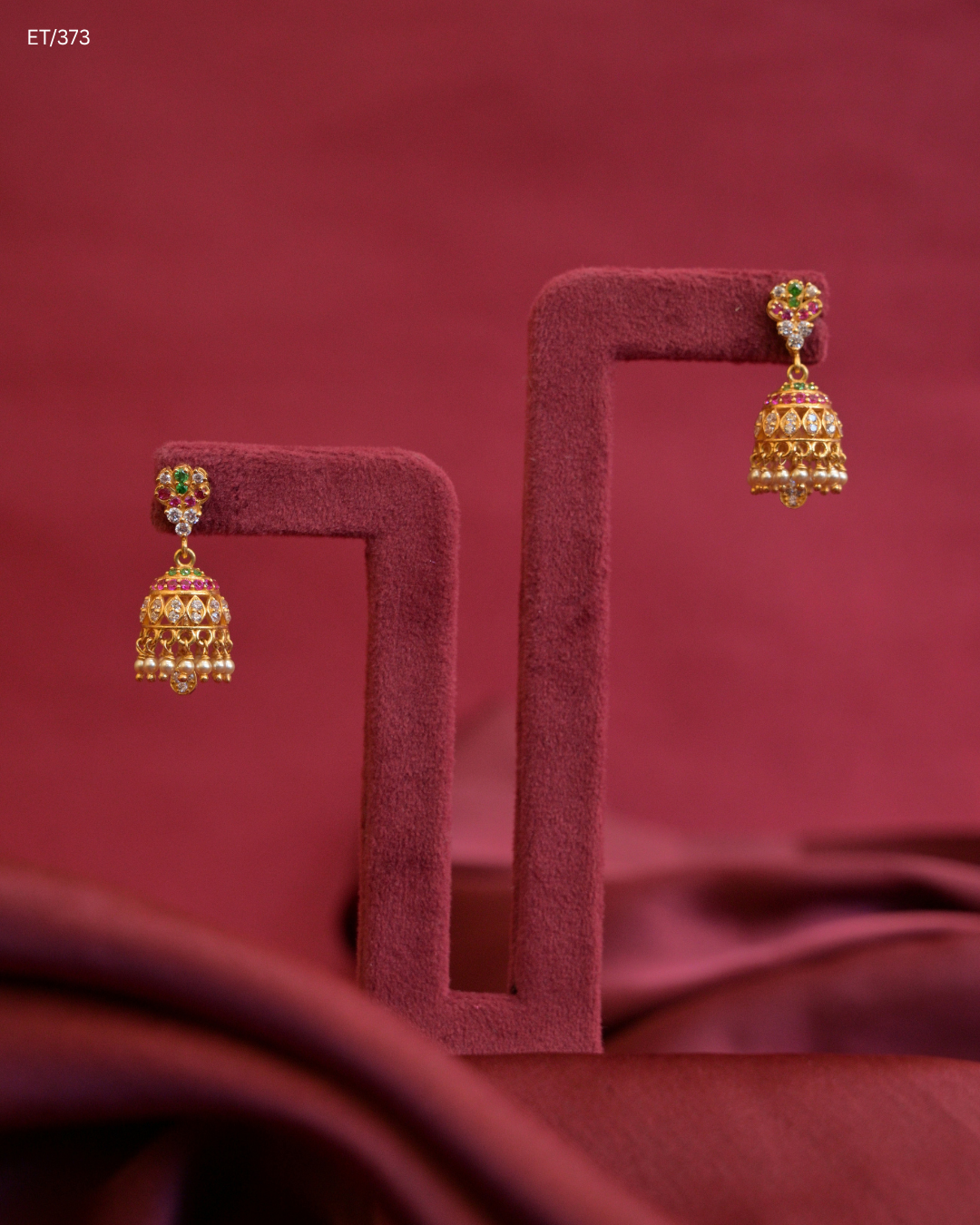Jhumka Earrings with Rubies, Emeralds, CZ Polkis & Pearl Fringes | SKU: ET/373