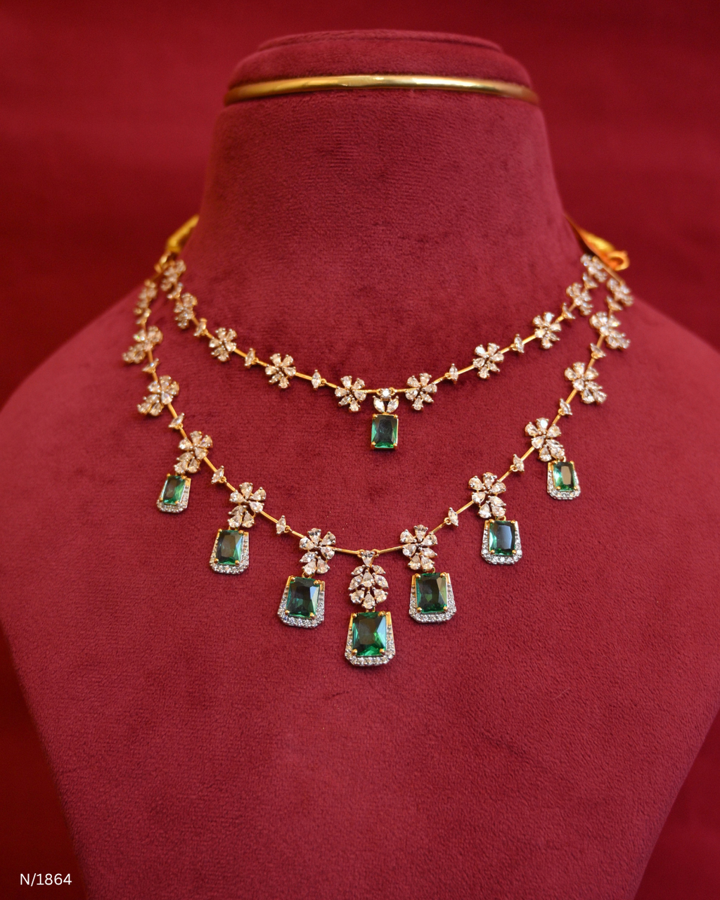 Two-Tier Layered Floral CZ & Rectangular Emerald Drop Statement Necklace | SKU: N/1864