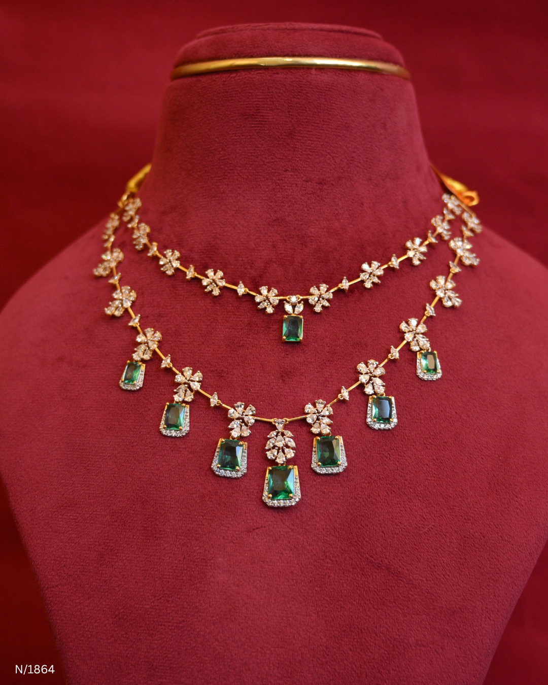 Two-Tier Layered Floral CZ & Rectangular Emerald Drop Statement Necklace | SKU: N/1864