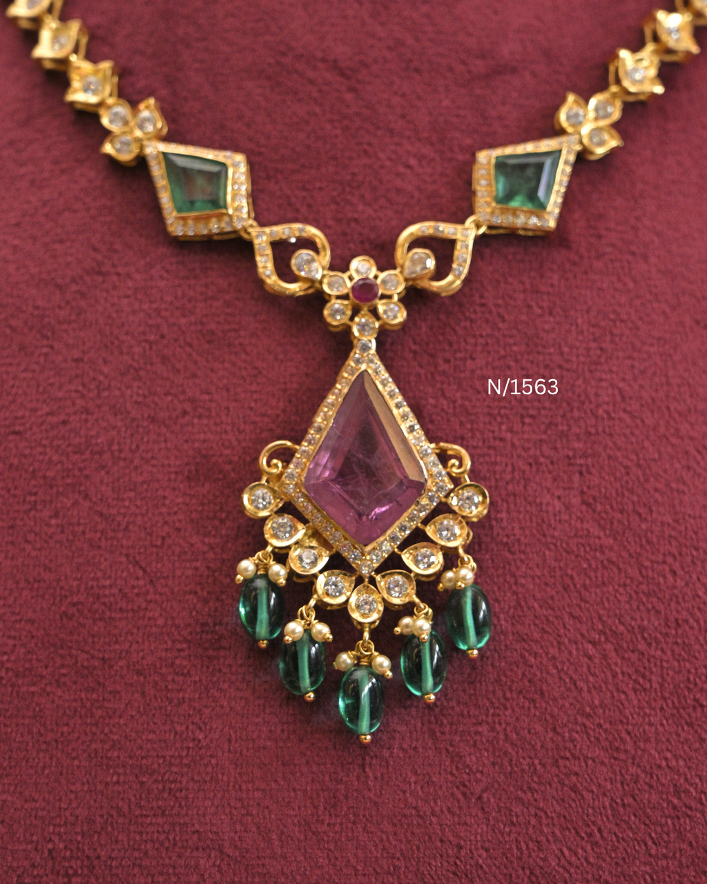 22kt Gold Geometric Rhombus Emerald & Cambodia Ruby Necklace | 16.52g Net | SKU: N/1563