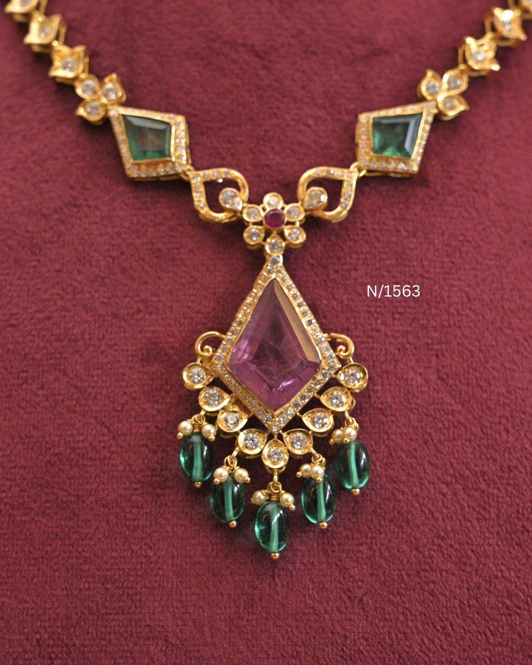 22kt Gold Geometric Rhombus Emerald & Cambodia Ruby Necklace | 16.52g Net | SKU: N/1563