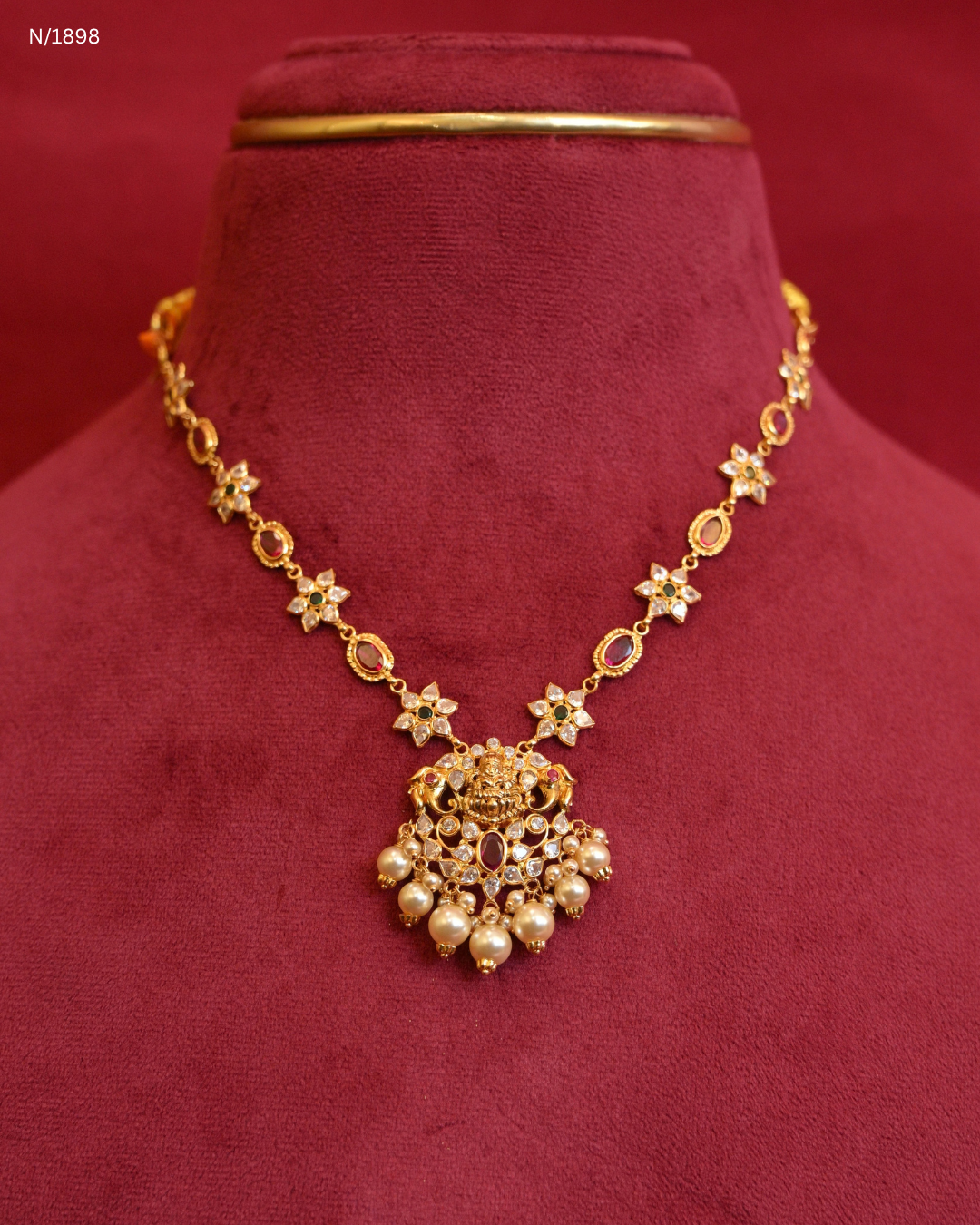 Traditional Peacock Motif Temple Necklace with Emerald, Ruby & Pearl Drops | SKU: N/1898