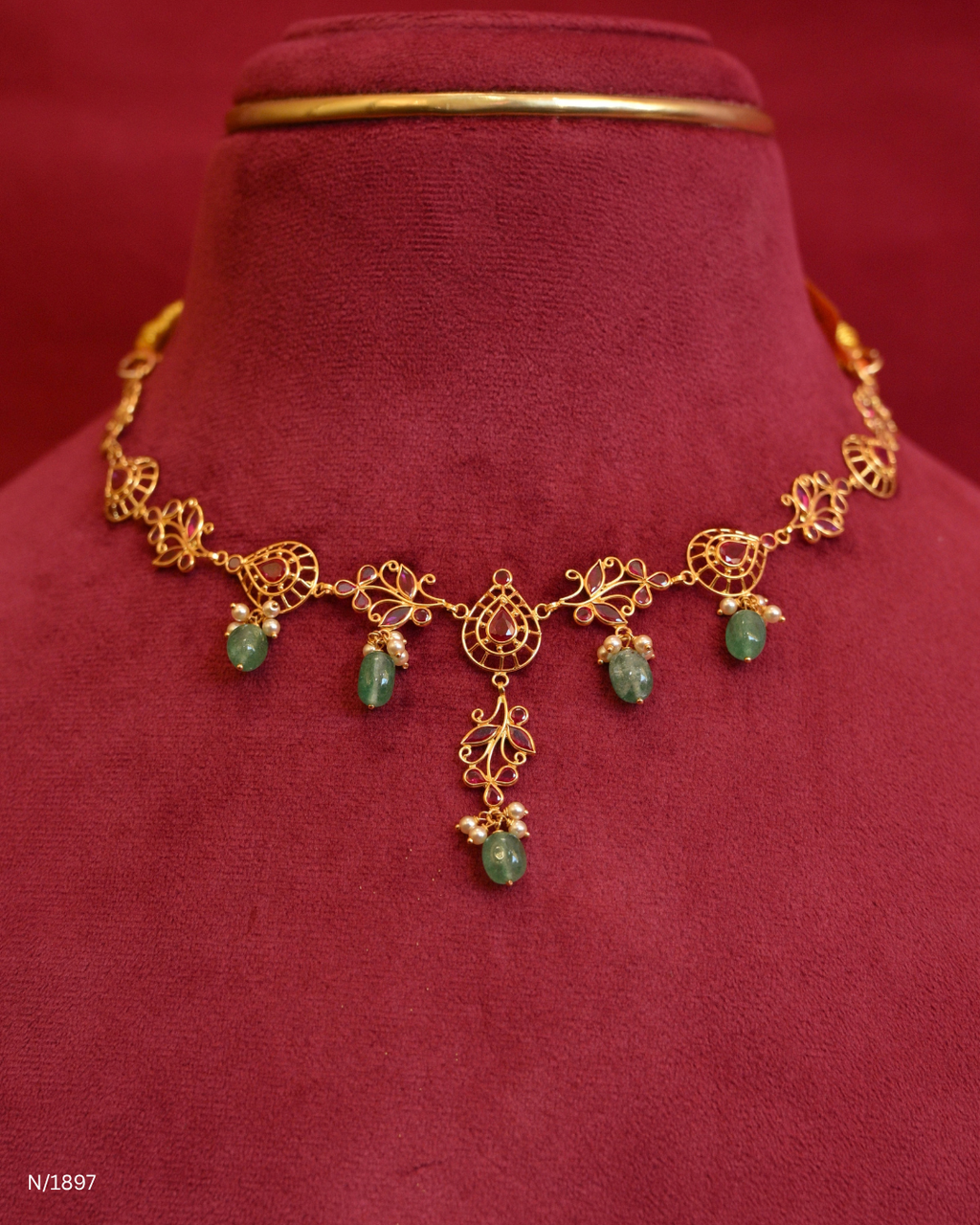 Traditional Openwork Temple Necklace with Ruby Accents & Green Emerald Bead Drops | SKU: N/1897