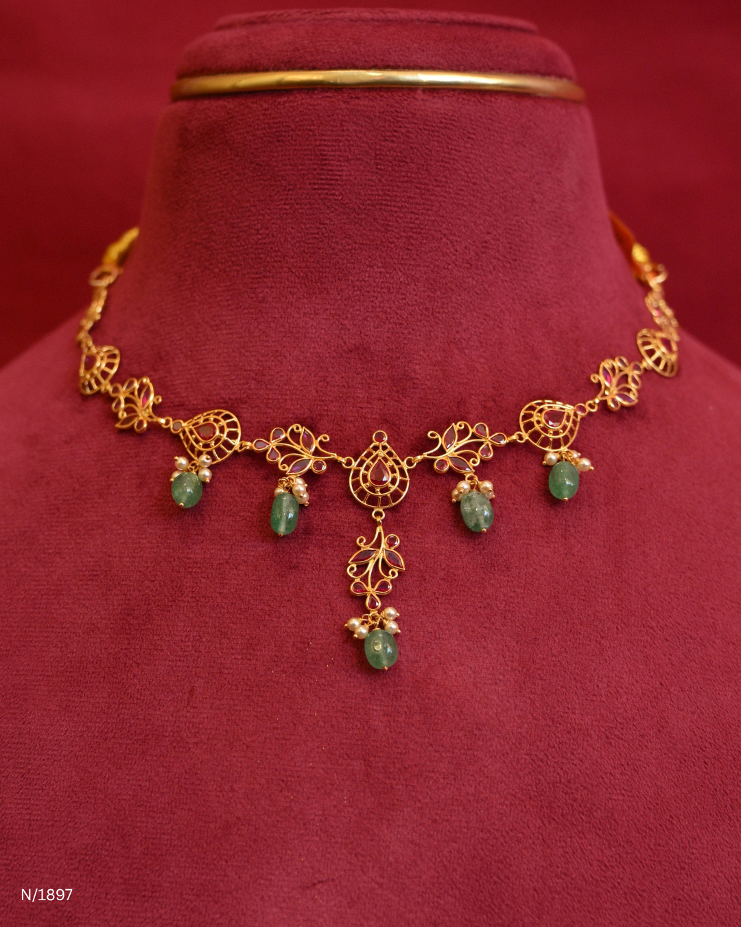Traditional Openwork Temple Necklace with Ruby Accents & Green Emerald Bead Drops | SKU: N/1897