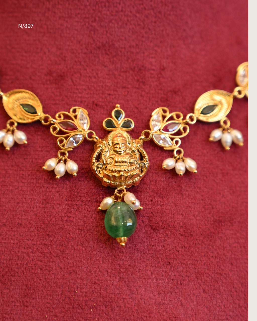 Goddess Lakshmi & Twin Peacock Nakshi Temple Choker Necklace with Rubies, Emeralds, Seed Pearls & Emerald Drop | SKU: N/897