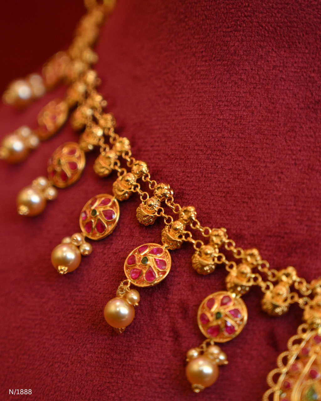 Traditional Lakshmi Kasumala Temple Necklace with Central Filigree Medallion & Pearl Drops | SKU: N/1888