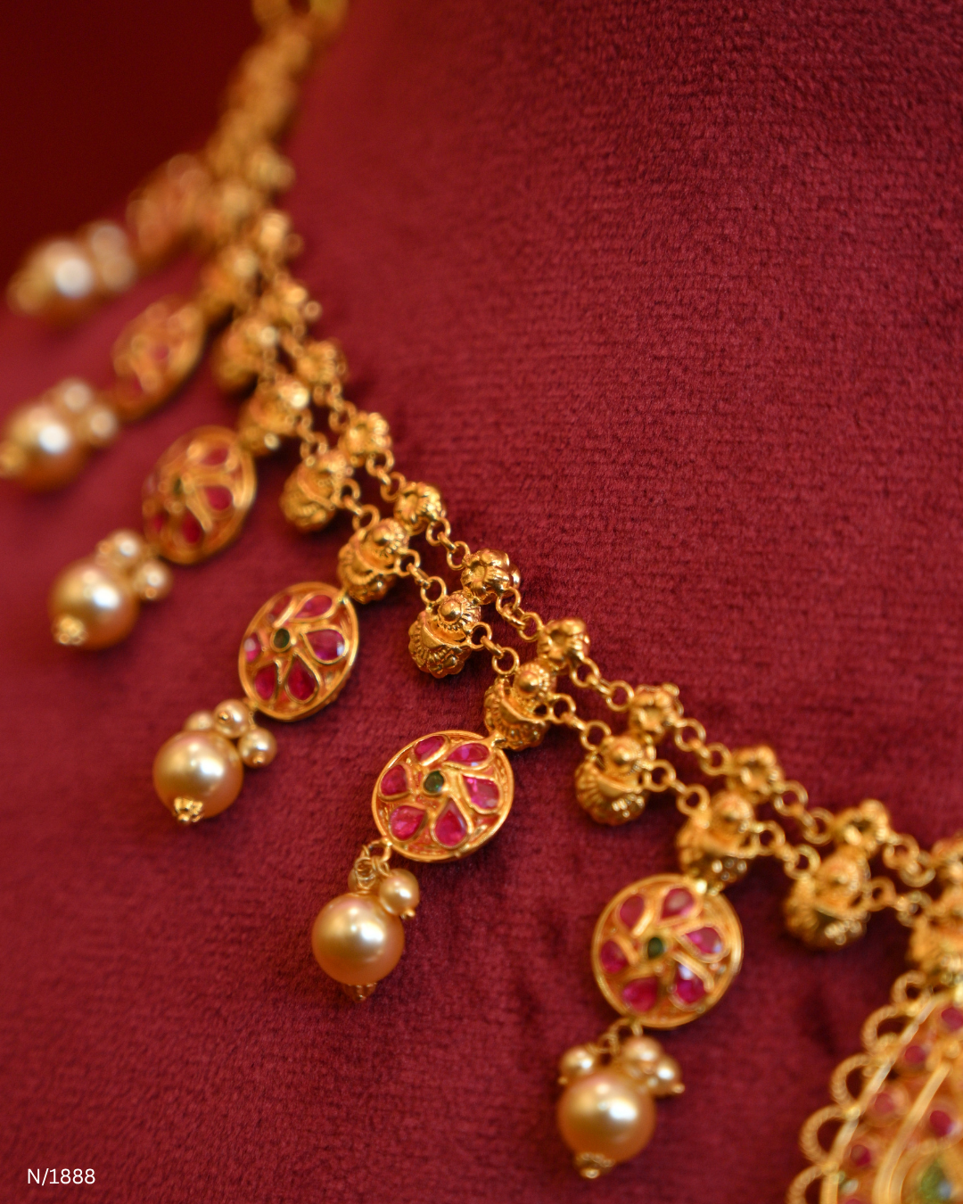Traditional Lakshmi Kasumala Temple Necklace with Central Filigree Medallion & Pearl Drops | SKU: N/1888