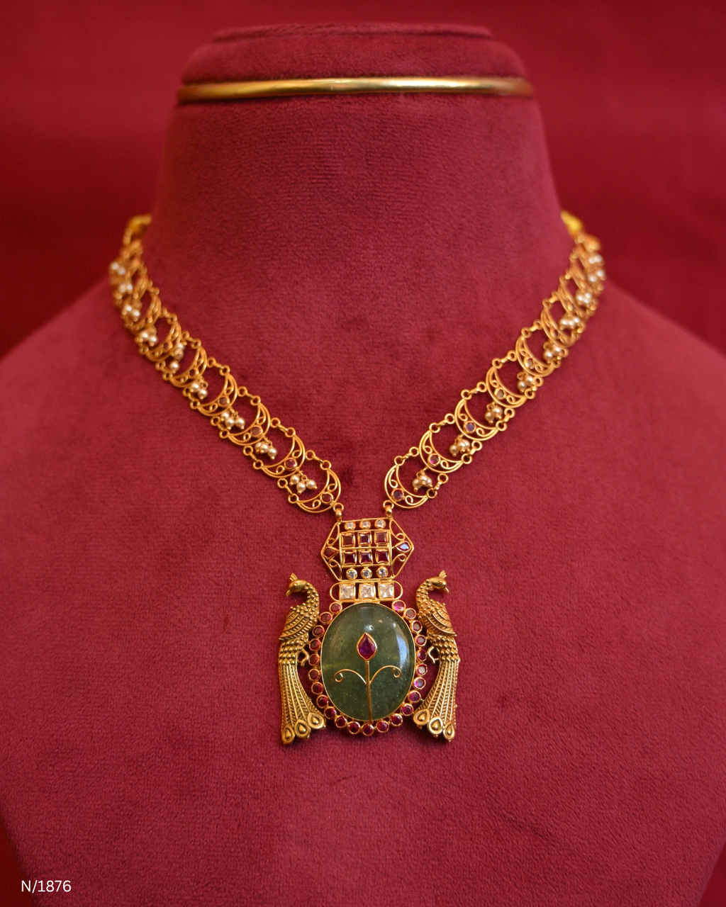 Traditional Twin Peacock Oval Emerald Pendant Temple Necklace with CZ Polki Geometry | SKU: N/1876