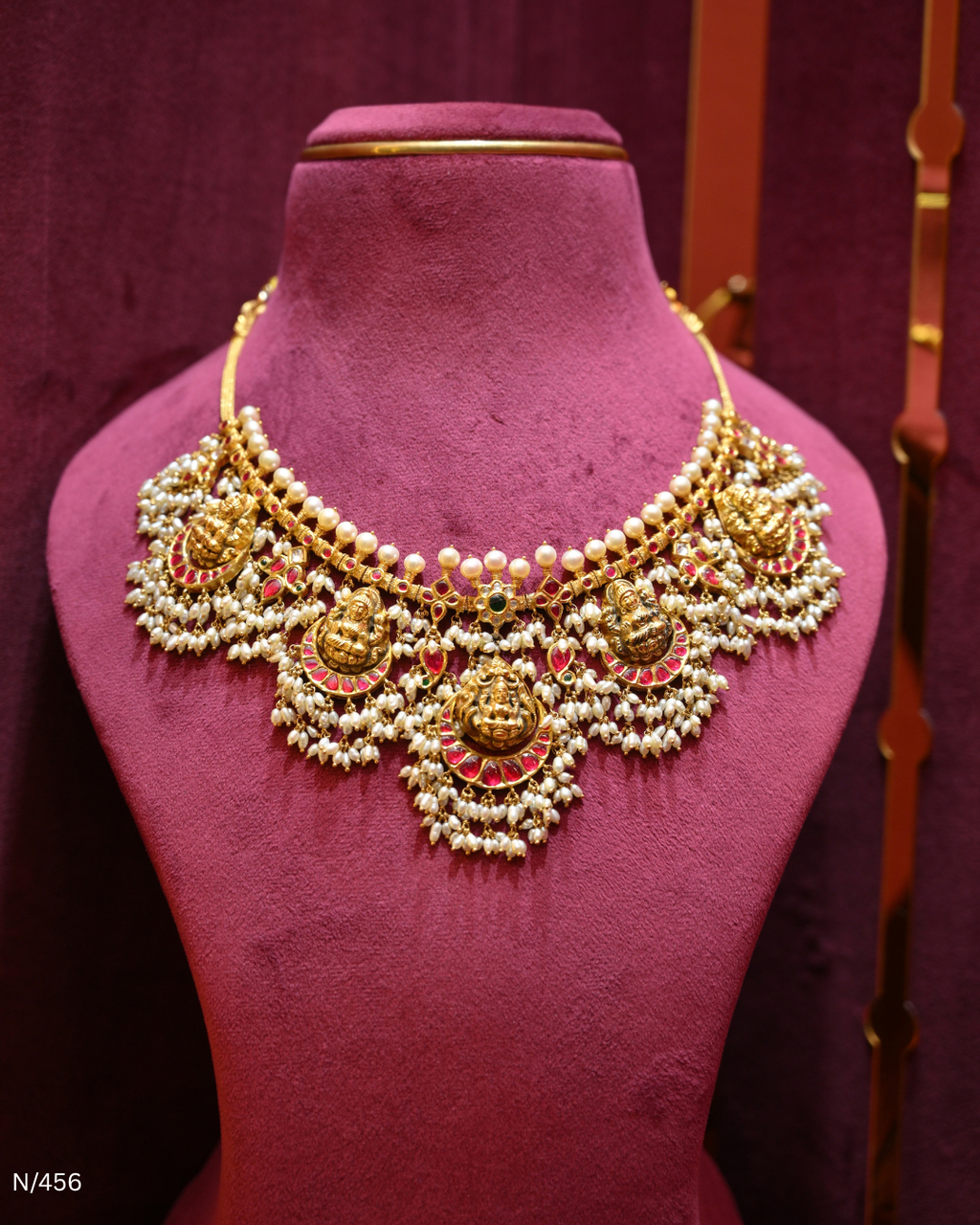 Antique Gold Temple Lakshmi Nakshi, Ruby & Pearl Bridal Necklace | SKU: N/456