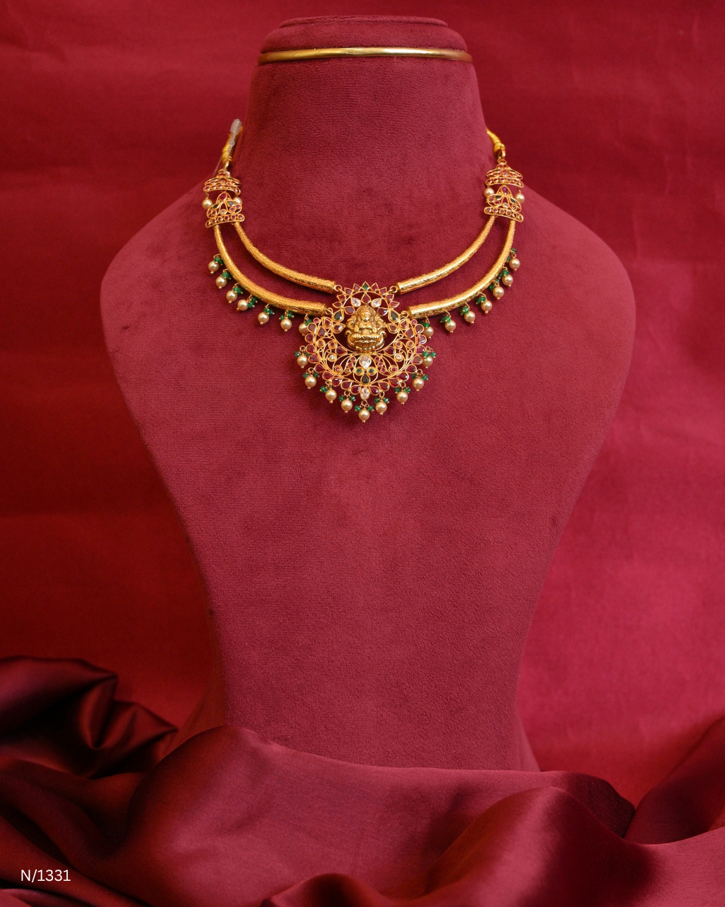 Lakshmi Temple Motif Kanti with Rubies, Emeralds & Pearl Fringes | SKU: N/1331