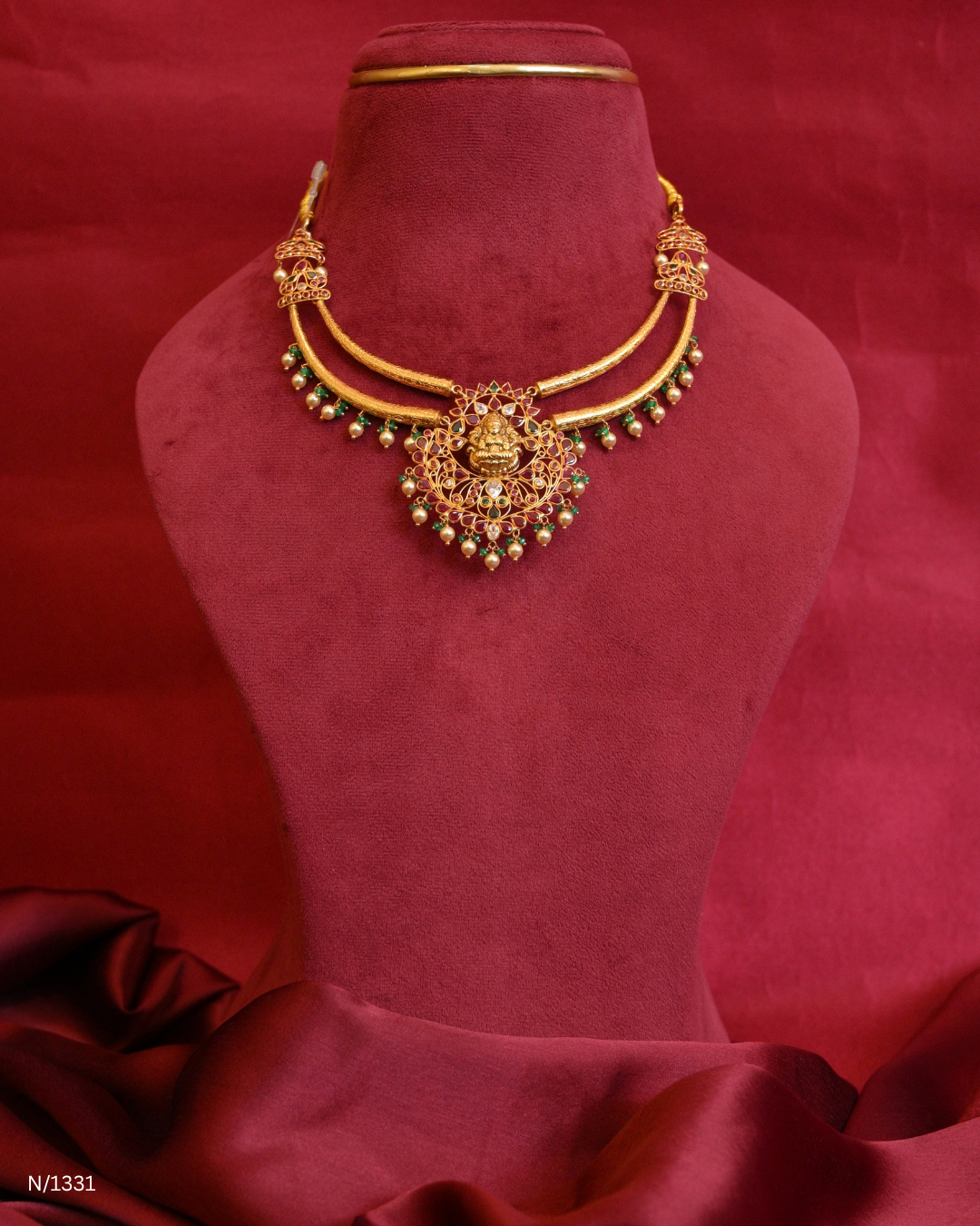 Lakshmi Temple Motif Kanti with Rubies, Emeralds & Pearl Fringes | SKU: N/1331