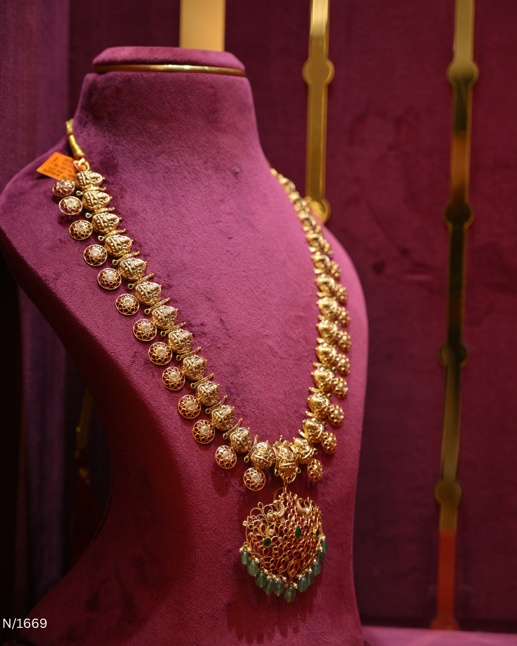 Antique Gold Temple Mango & Nakshi Bridal Long Haram | SKU: N/1669