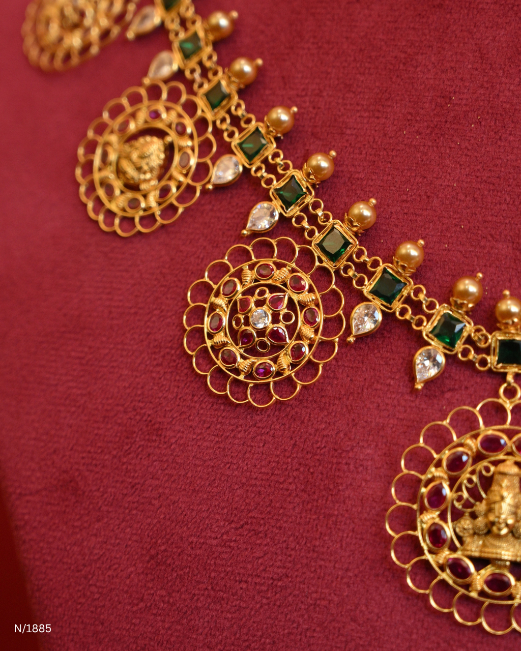 Goddess Lakshmi Temple Haram with Square Emerald Stations & Ruby-Studded Filigree Medallions | SKU: N/1885