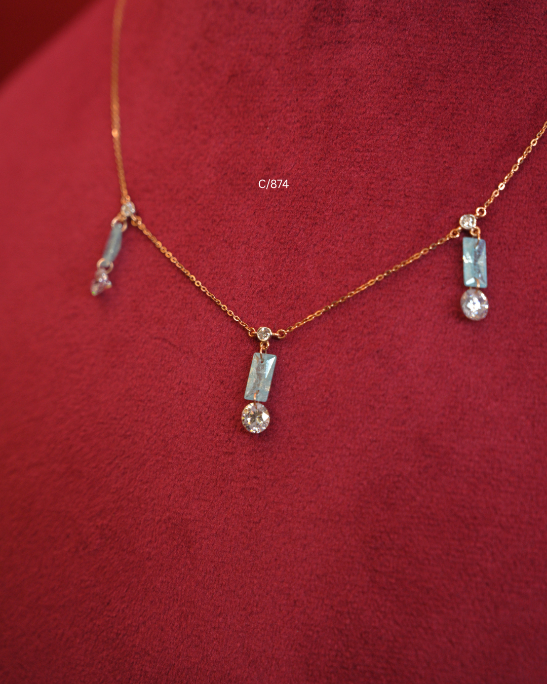 Light Blue Gemstone & CZ Geometric Triple-Drop Station Necklace | SKU: C/874