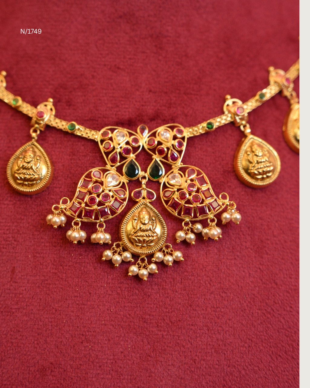 Twin Mango & Goddess Lakshmi Medallion Temple Station Choker Necklace with Rubies, Emeralds & Seed Pearl Drops | SKU: N/1749