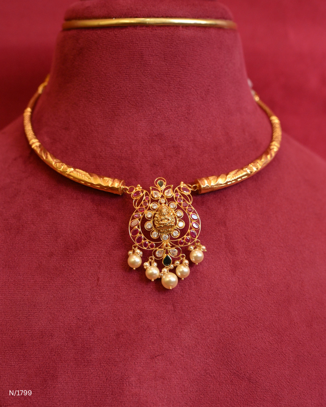 Lakshmi Temple Motif Openwork Pendant Kanti with Rubies & Pearl Drops |SKU: N/1799