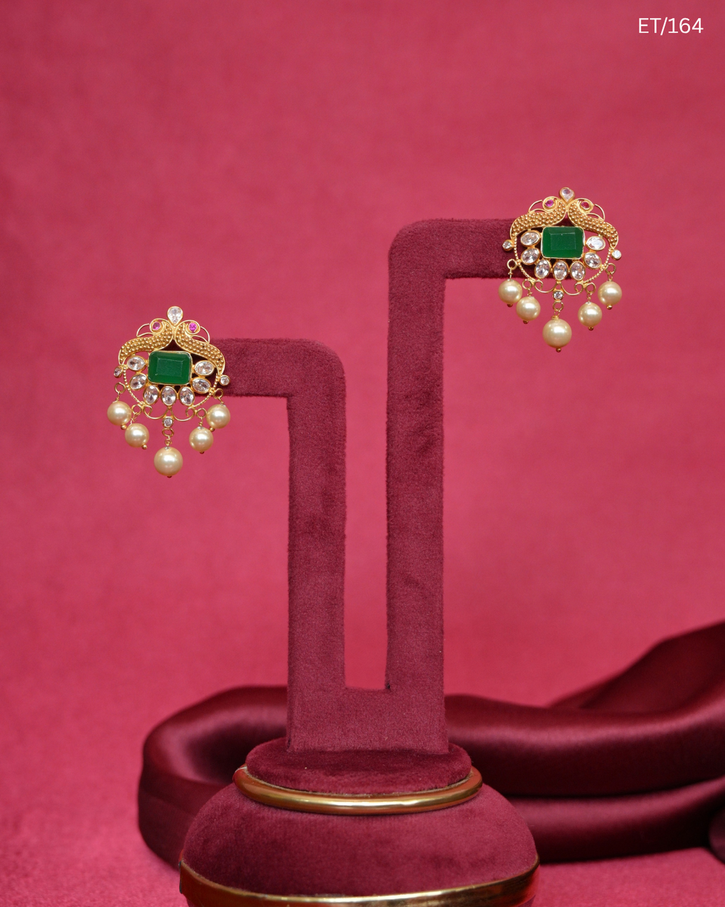 Polki Emerald & Pearl Peacock Motif Earrings | SKU: ET/164