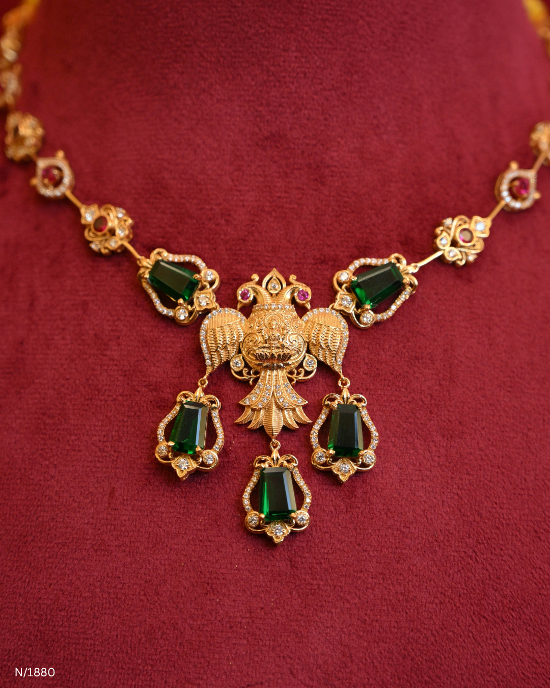Traditional Winged Peacock Nakshi & Green Emerald Gemstone Temple Necklace | SKU: N/1880
