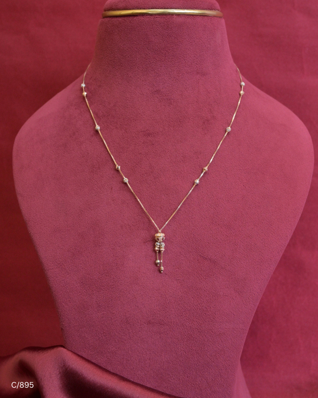 Two Tone Gold Station Chain Necklace with Hanging Pendant Cluster | SKU: C/895