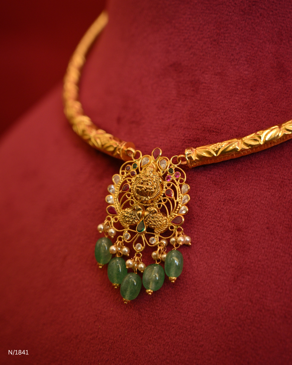 Temple Motif Openwork Pendant Kanti with Green Emerald Bead Drops | SKU: N/1841