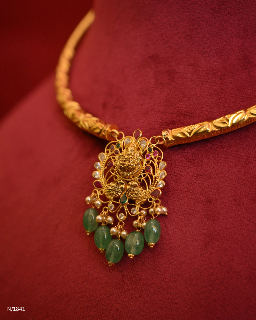 Temple Motif Openwork Pendant Kanti with Green Emerald Bead Drops | SKU: N/1841
