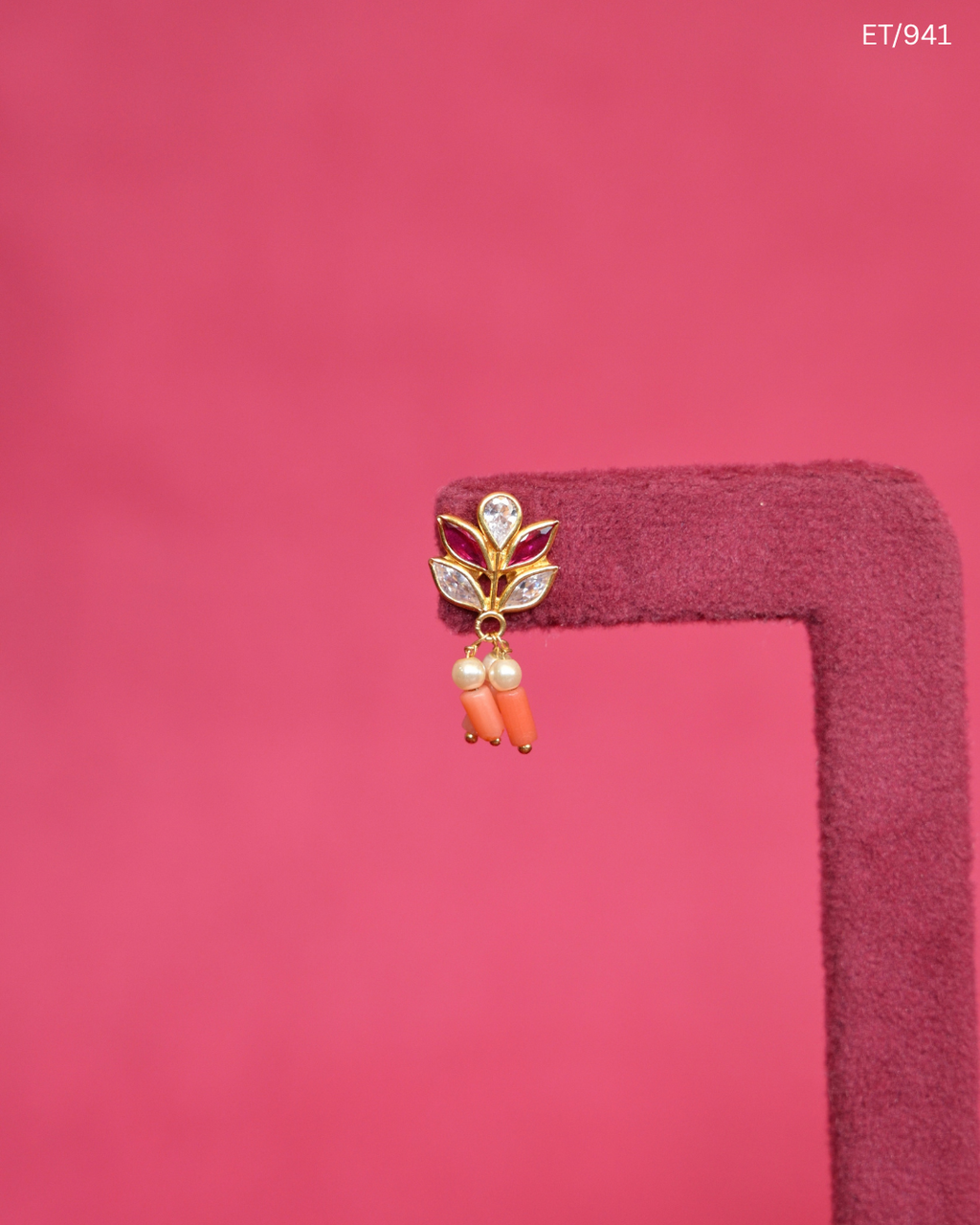 Polki Ruby Coral & Pearl Dainty Stud Earrings | SKU: ET/941