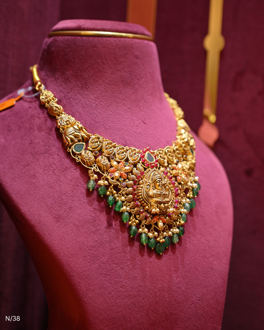 Antique Gold Temple Lakshmi Nakshi & Green Bead Necklace | SKU: N/38
