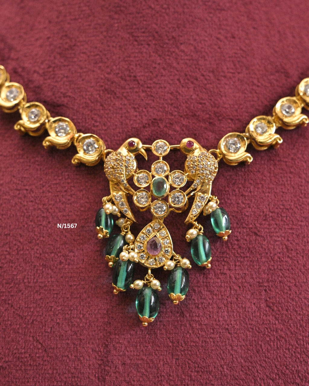 22kt Gold Paisley & Peacock Emerald Gemstone Necklace | 15.490g | SKU: N/1567