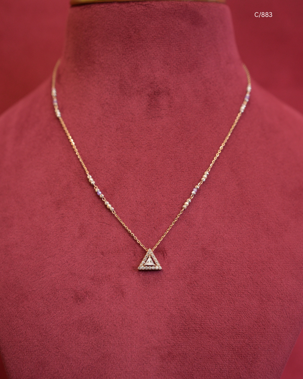 Gold Pastel Beaded Station Necklace with Triangular Pave CZ Halo Pendant | SKU: C/883