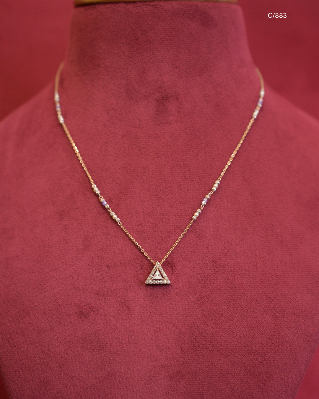 Gold Pastel Beaded Station Necklace with Triangular Pave CZ Halo Pendant | SKU: C/883