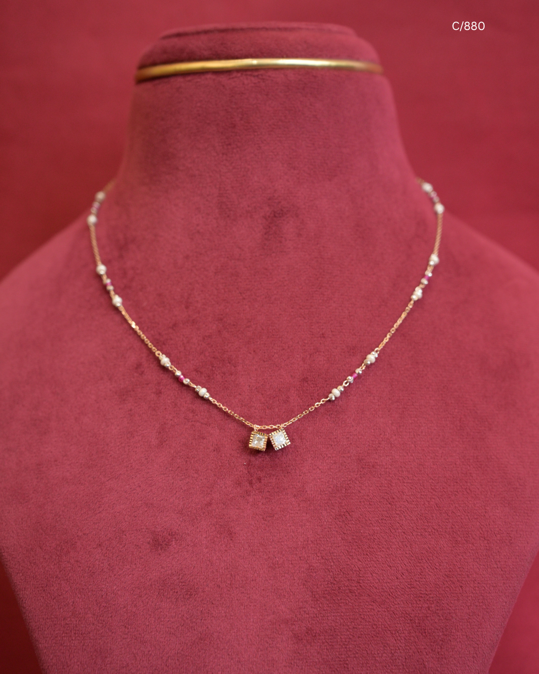 Pearl Beaded Station Necklace with Twin Pave CZ Square Halo Pendants | SKU: C/880