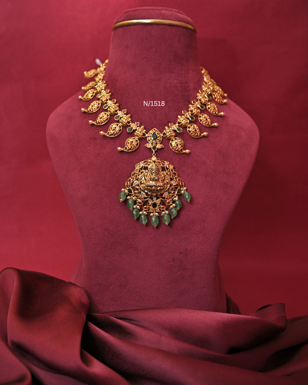 Lakshmi Nakshi Temple Pendant Mango Mala Necklace with Rubies, Emeralds & Tumbled Bead Drops | SKU: N/1518