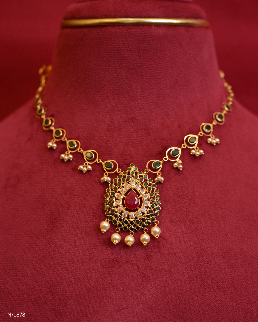 Emerald Cabochon Station Necklace with Teardrop Ruby & CZ Medallion | SKU: N/1878