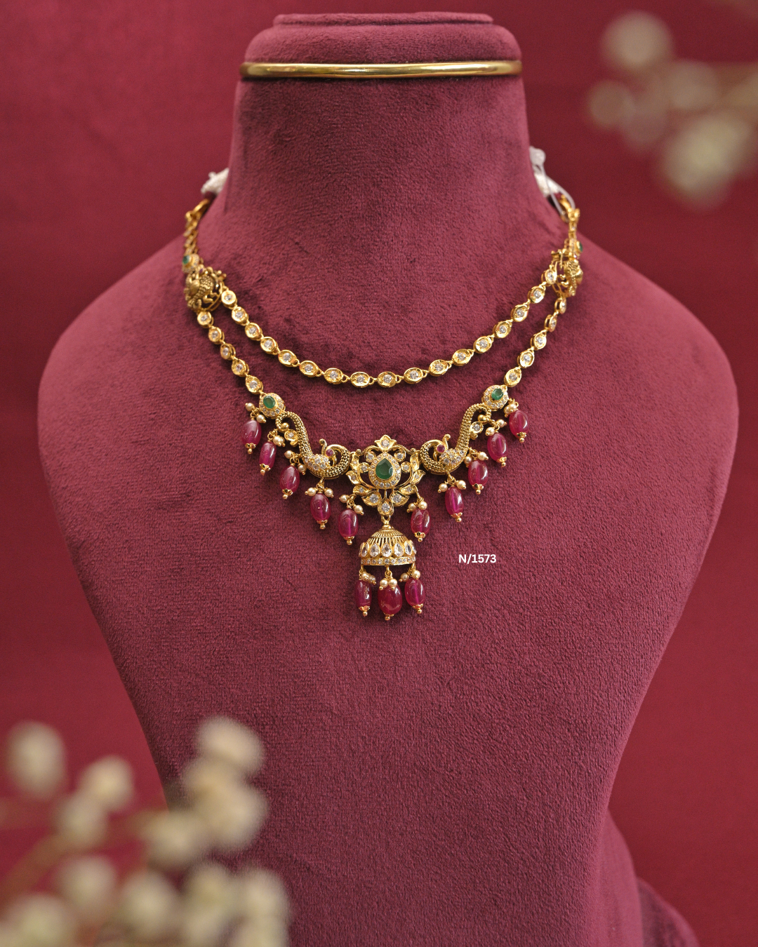 22kt Gold Peacock & Jhumka Step Necklace with Ruby Ovals | 21.480g | SKU: N/1573