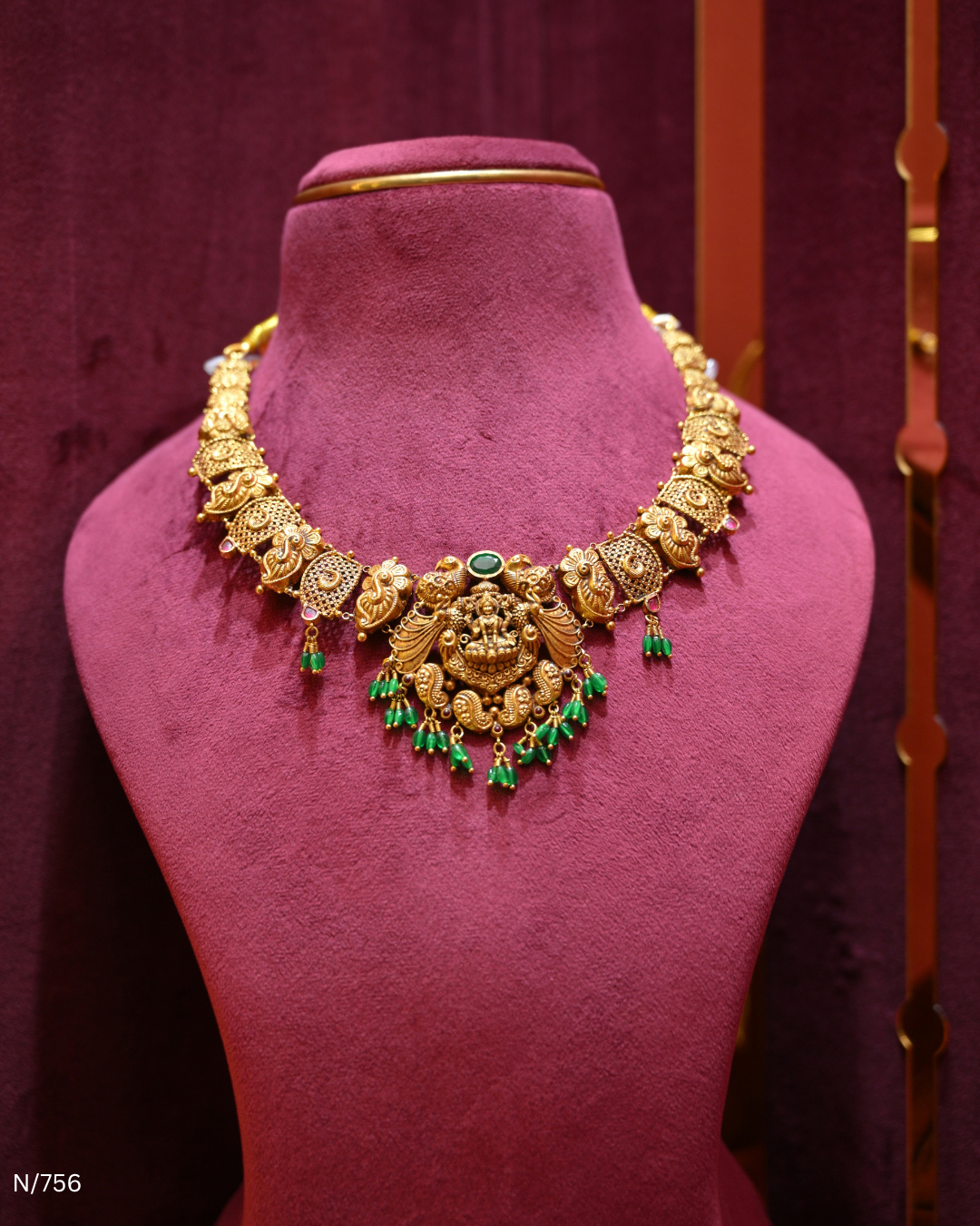 Antique Gold Temple Lakshmi & Green Bead Necklace | SKU: N/756