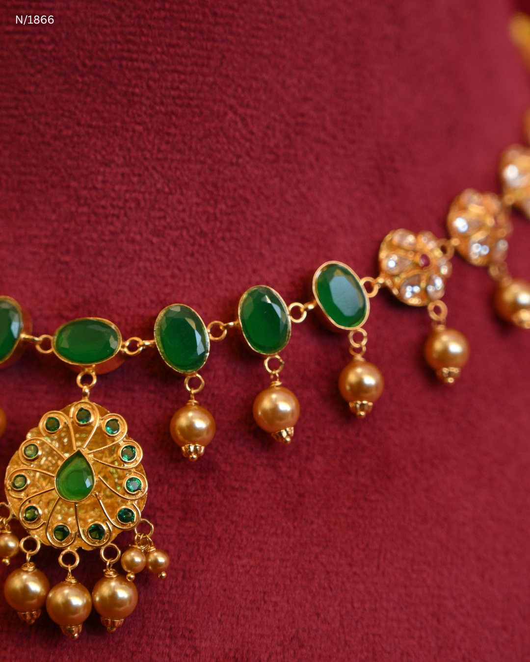 Traditional Ruby Kasu Temple Choker Necklace with Gold Bead Dangles | SKU: N/1866