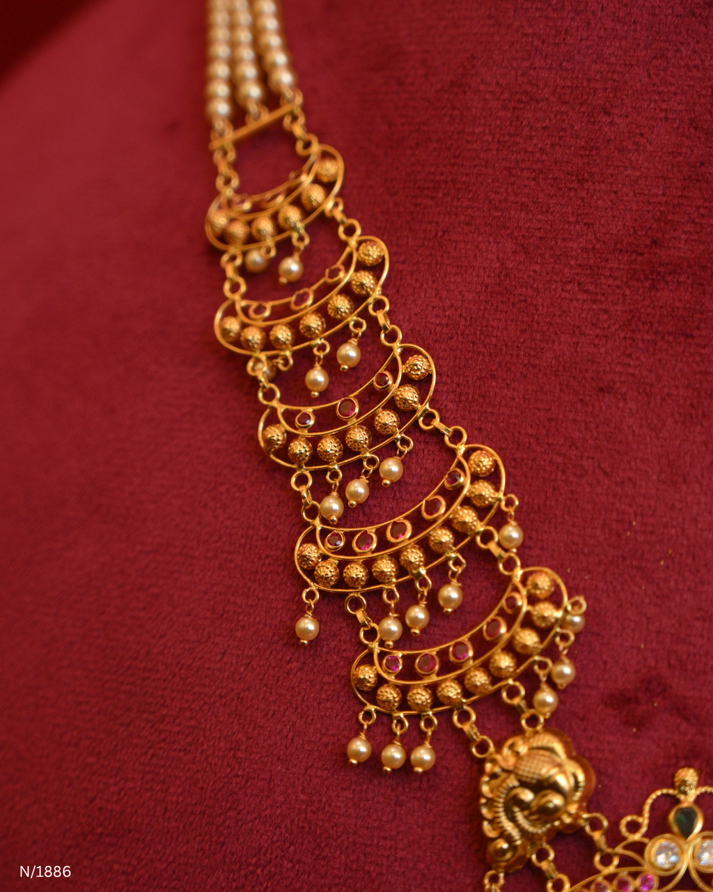 Grand Peacock Nakshi Temple Haram with Multi-Strand Pearls & Emerald Tassels | SKU: N/1886