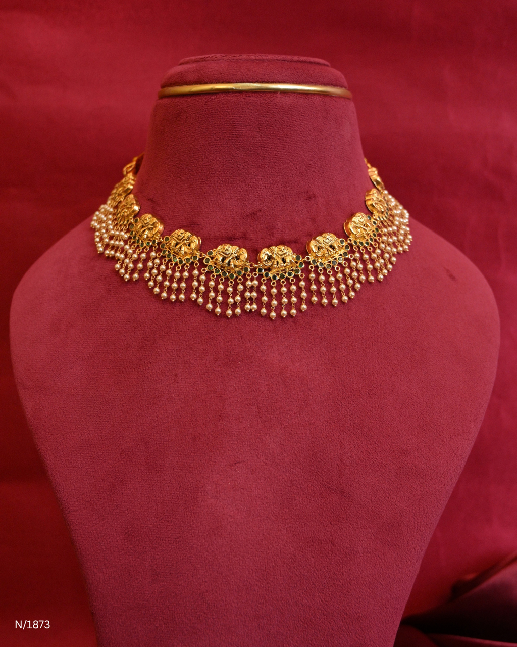 Royal Elephant Temple Choker Necklace with Emerald Accents & Cascading Pearl Fringe | SKU: N/1873