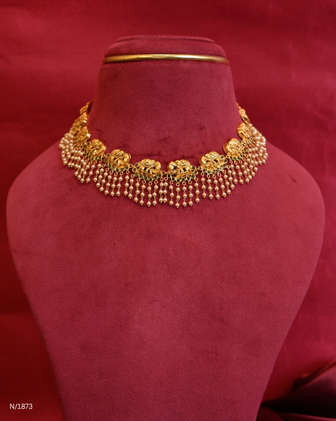 Royal Elephant Temple Choker Necklace with Emerald Accents & Cascading Pearl Fringe | SKU: N/1873