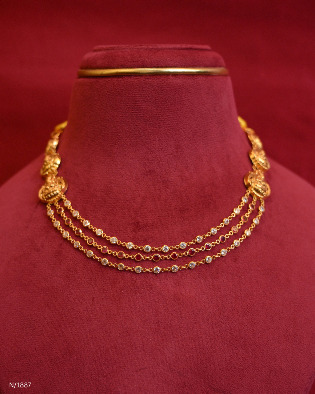 Multi-Strand Layered CZ Station Necklace with Temple Side Motifs | SKU: N/1887