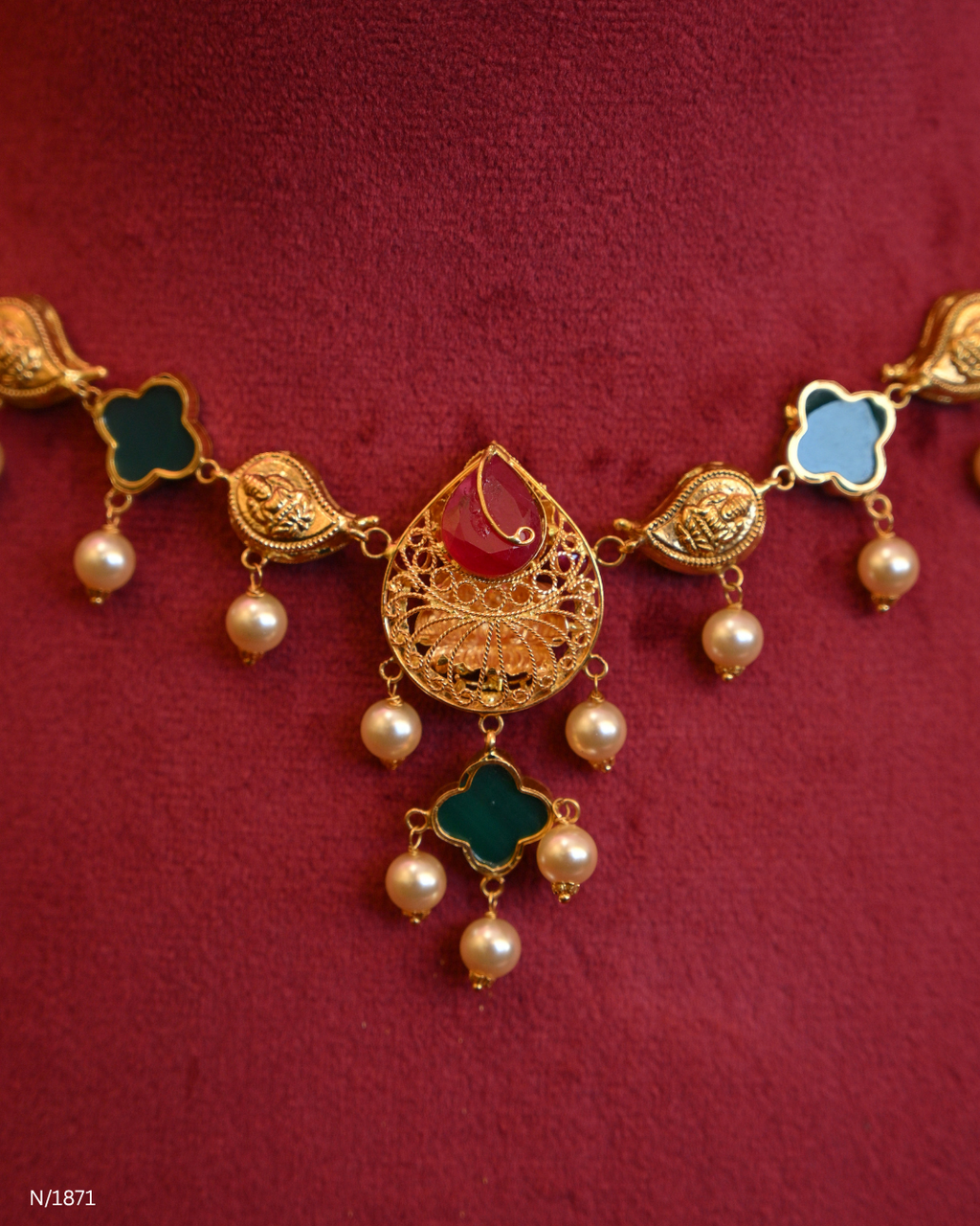 Goddess Lakshmi Temple Necklace with Green Enamel Mango Stations, Polki/CZ Accents & Hanging Pearls | SKU: N/1871