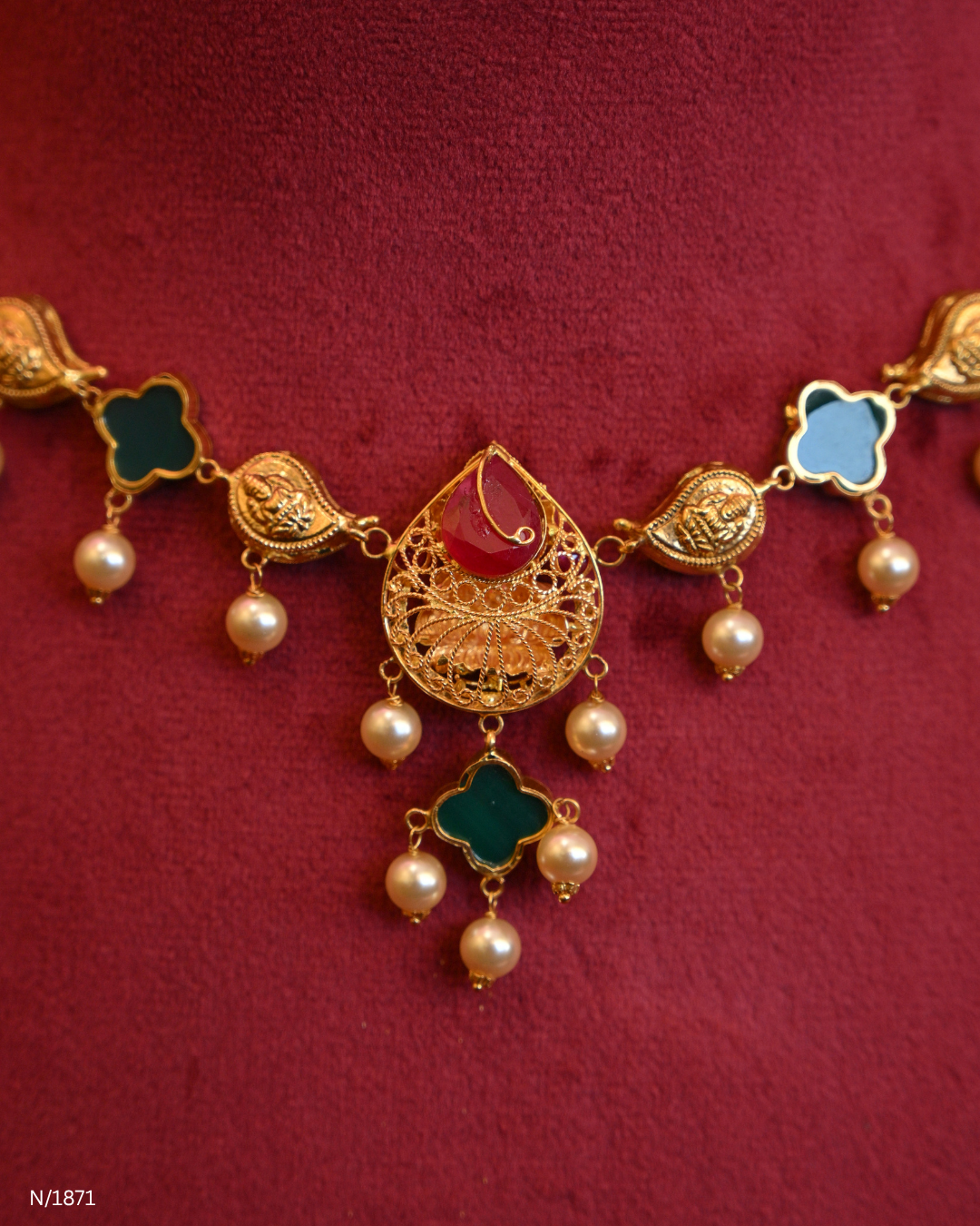 Goddess Lakshmi Temple Necklace with Green Enamel Mango Stations, Polki/CZ Accents & Hanging Pearls | SKU: N/1871