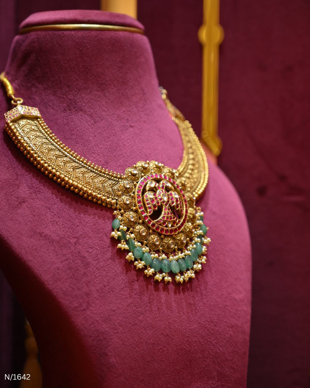 Antique Gold Temple Double-Peacock Nakshi & Green Bead Necklace | SKU: N/1642