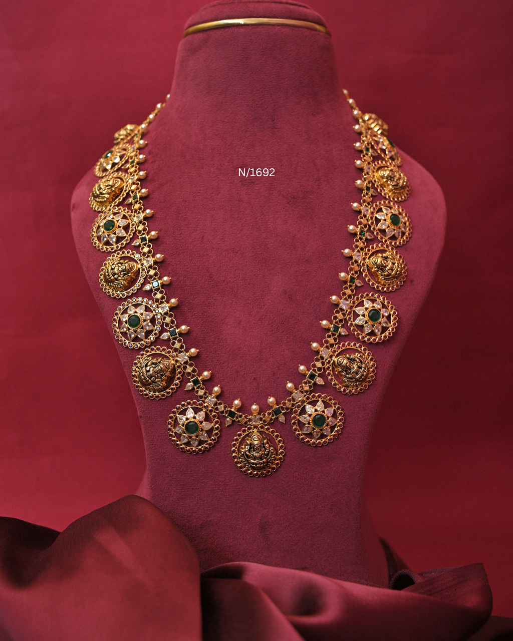 Goddess Lakshmi Nakshi Medallion Long Haram with Emeralds, Rubies & CZ Polki | SKU: N/1692