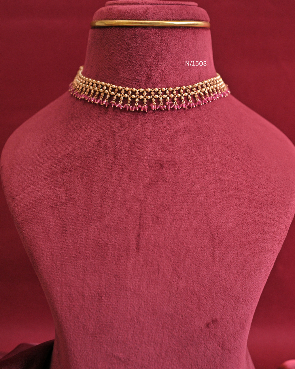 Granulation Bead Mesh & Crimson Pink Gemstone Cluster Fringe Necklace | SKU: N/1503